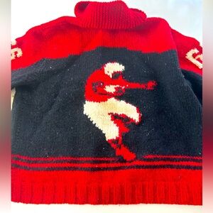 Wool Handknit Cardigan Football Sweater ‘66’ Black and Red